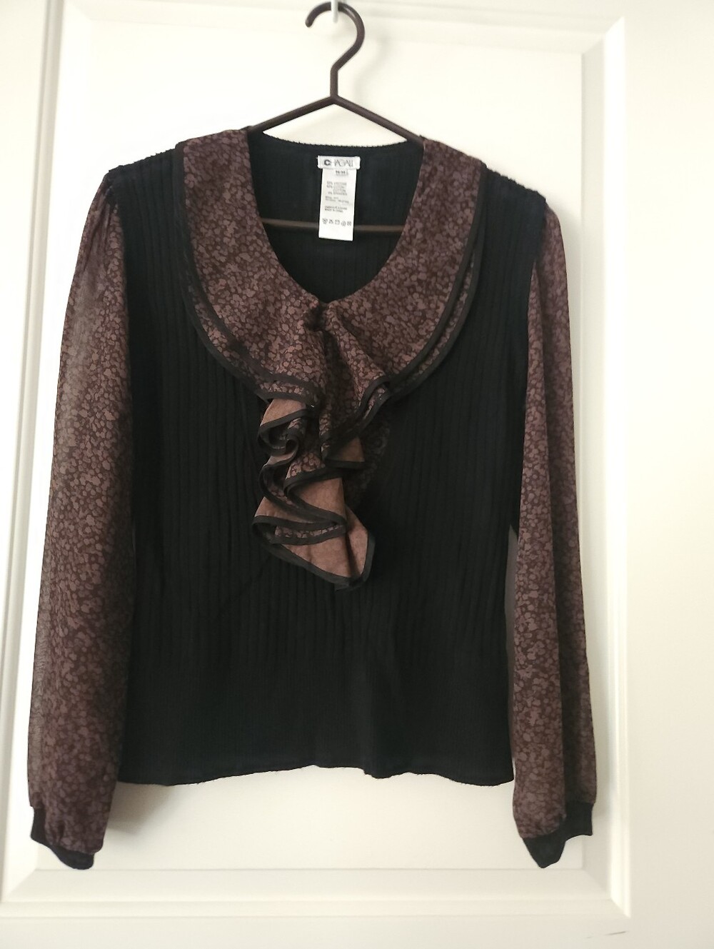 Alfani Black Top with Brown Floral Ruffle Neck Size M